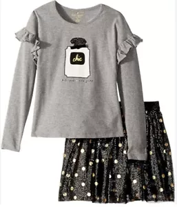 Kate Spade New York Gris Negro Dorado Volantes Vacaciones Elegante Camisa + Falda Bebé 24M - Imagen 1 de 1