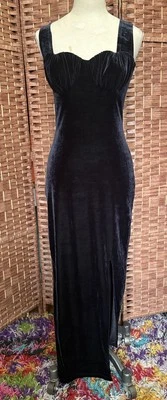 Vintage 90s Y2K Black Velvet Gown Dress Witch Goth Whimsy Mermaid Slit Small - Image 1 of 4