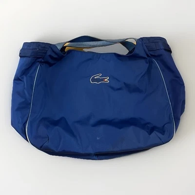 Vintage Lacoste Nylon Tote Bucket Bag Purse Leather Straps Blue Magnet Closure - Image 1 of 4