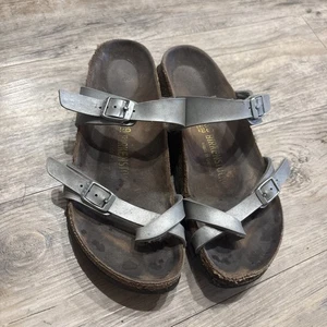 BIRKENSTOCK Mayari Women’s Sz 8  (39)Birko-Flor Metallic Silver Leather Sandals. - Picture 1 of 9