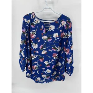 Blusa top floral Apt 9 para mujer talla L azul rosa manga lengüeta enrollable - Imagen 1 de 6