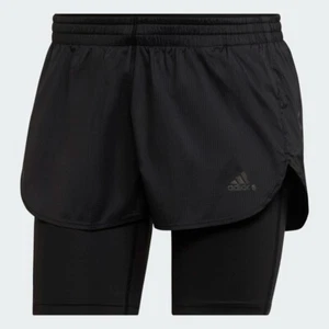 adidas Womens Running Shorts Run Fast 2 in 1 Black Base Layer Fitness Gym - Picture 1 of 3
