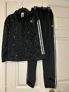 2 Piece GIRLS ADIDAS TRACKSUIT Black/ Silver Metallic JACKET & PANTS SIZE 14 L - Picture 1 of 4