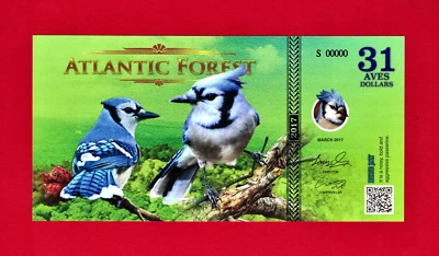 ULTRA-RARE 31 AVES DOLLARS 2017 ATLANTIC FOREST BLUE JAY BIRD SPECIMEN UNC NOTE - Image 1 of 2