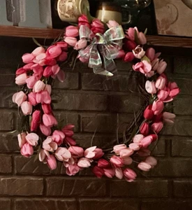 Spring Tulip Wreath 18" Mother's Day, Easter Pink/White Hand Made - Picture 1 of 5