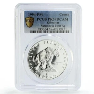 Gibraltar 1 crown Preserve Planet Sabretooth Tiger PR69 PCGS silver coin 1994 - Picture 1 of 2