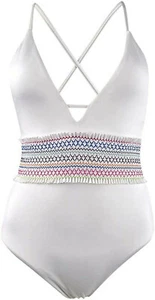 BAR III Smocked Plunging One Piece Swimsuit sz S Small White  - Picture 1 of 4