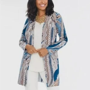 Chico’s Women’s Size 3 (XL/16) Micro Suede Jacket Retro Print Blue Brown Open - Picture 1 of 11