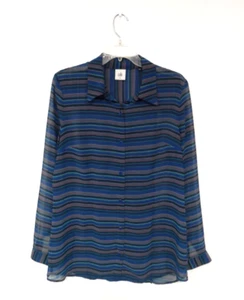 CAbi Womens Alex Blouse Size Medium Striped Blue Sheer Button Up Split Back 3330 - Picture 1 of 8