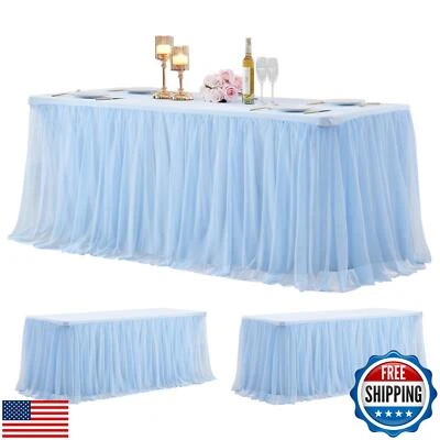 2 Pack Baby Blue Tulle Tablecloth Skirt for 6 Foot Rectangle Tables - Baby Sh - Image 1 of 4