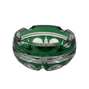 Val St Lambert Ashtray Etched Signature Emerald green Cut to Clear Crystal - Picture 1 of 8