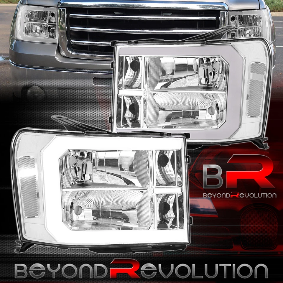 For 2007-2014 GMC Sierra Chrome LED DRL Tube Headlight Assembly Signal Lamp Pair — 第 1/4 张图片