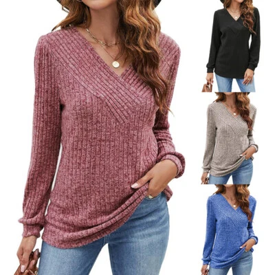 New Ladies Long Sleeve RIBBED Pullover V Neck Tunic Tops Stretch Tee T-shirts Ju - Image 1 of 4