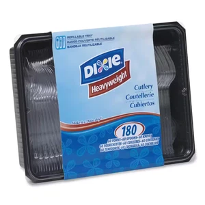 Cutlery Keeper Tray with Clear Disposable Plastic Utensils: 60-Forks, 60-Knives, - Picture 1 of 6