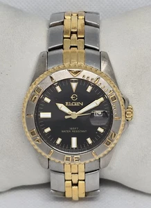 Reloj pulsera Elgin redondo de dos tonos dorado plata esfera negra fecha para hombre 08 - Imagen 1 de 9