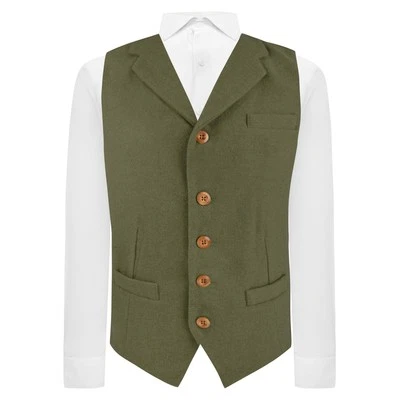 Luxury Sage Green Woven Wool Waistcoat with Lapel, Tweed - Image 1 of 4