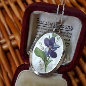 Vintage 925 Sterling Silver Necklace, Vintage Locket, Hand Painted Flower, 1975 - Picture 1 of 9