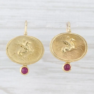 Pegasus Ruby Earrings 18k Yellow Gold Lever Back Drops Winged Horse - Image 1 of 4