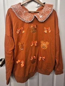 ^New Disney Orange Bow Pumpkin Mickey Minnie Lace Collar Sweater 1x *please read - Picture 1 of 3