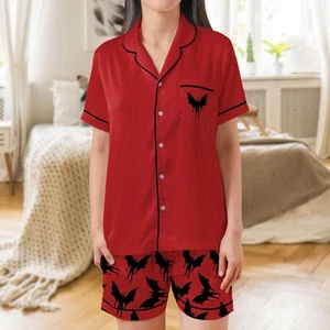 Mothman Short Sleeves Pajama Set, Moth Man Woman's Red Satin Pajamas - Picture 1 of 10