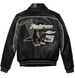 Avirex Men's Style Nitro Run NYC 75 Eagle Patch black Leather Jacket-NEW - Picture 1 of 5