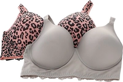 Rhonda Shear 2Pc Molded Cup Leisure Bra Lace Pink Leopard Gray M NWOT (560) - Image 1 of 4