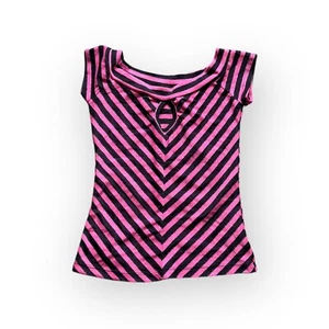 Vintage 90s Y2K Hot Tempered Striped Pink Black Keyhole Shirt Size Small - Picture 1 of 7