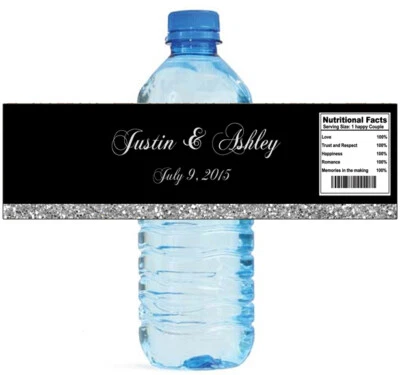 Black & Silver Glitter Wedding Anniversary Engagement Party Water Bottle labels - Image 1 of 4