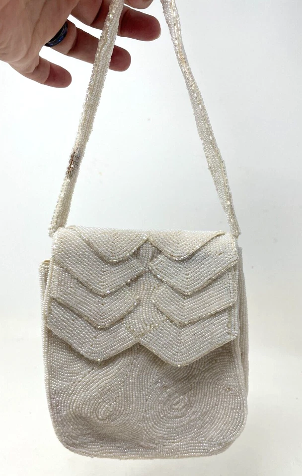 Bolso de noche vintage Walborg con cuentas Japón marfil chevron solapa cartera de boda 7x6 Foto 1 de 4