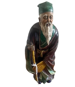 Chinese Old wise Man with stick Porcelain Figurine  16" small chip Rare piece - Picture 1 of 5