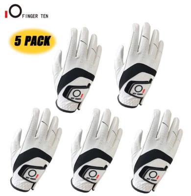 FINGER TEN Men Golf Gloves 100% Cabretta Leather Premium Quality Left Right Hands 5 Pack