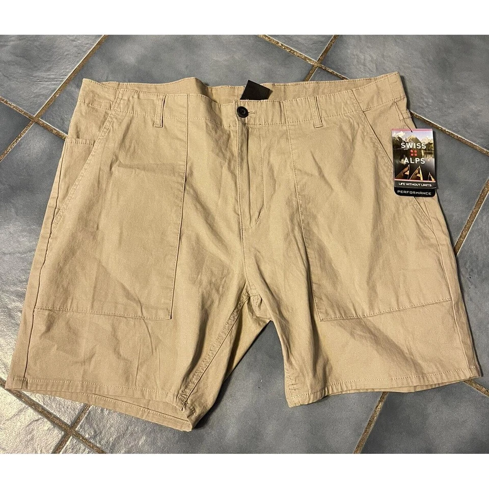 Swiss Alps Men?s Performance Khaki Flat Front Shorts, Size 42 NWT - Image 1 of 4