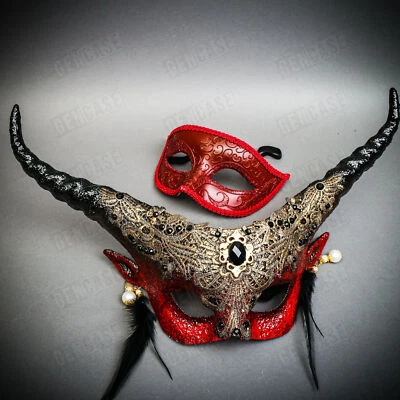 Red Venetian Classic Eye w/ Long Horns Fairy Devil Red Eye Mask Couple Mask - Image 1 of 4