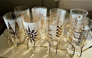 8 Vintage MCM Atomic Barware Helen Conroy 22K Gold Highball Glasses w/ Caddy - Picture 1 of 5