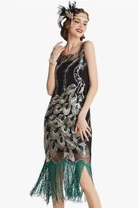 Babeyond 20s Vtg-Style Peacock Sequin Fringe Flapper Dress + Headband, S, Teal - Picture 1 of 7