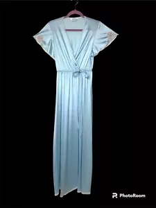 Vintage VANITY FAIR Maxi ROBE nylon Blue Silky Sissy Tie Front Floral Sleeve - Picture 1 of 10