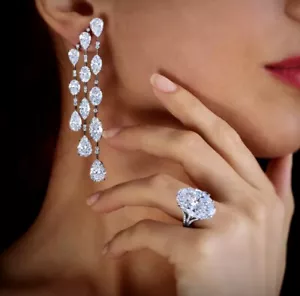Marquise Simulated Diamond Long Earrings 18k White Gold Filled Over Designer - Picture 1 of 12