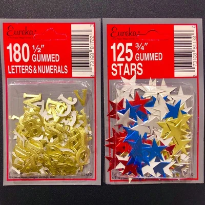 Vintage Paper Magic~EUREKA GUMMED GOLD LETTERS/NUMERALS/STARS~Red White Silver - Image 1 of 2