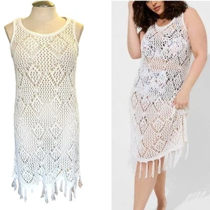 Neu Torrid Übergröße 1 (1X) elfenbeinfarben Häkel Fransenborte Strand Cover Up Tank Kleid  - Bild 1 von 3