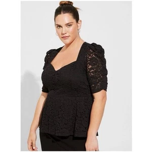 NWT Torrid Stretch Lace Cinched Elbow Sleeve Peplum Top Blouse Black Sz: 0 (12) - Picture 1 of 8