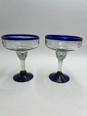 Juego de 2 vasos de margarita mexicanos soplados a mano azul cobalto NUEVO Foto 1 de 3