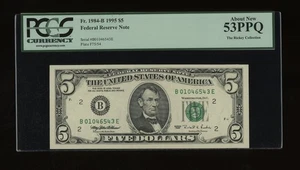 DBR 1995 $5 FRN New York Fr. 1984-B PCGS 53 PPQ Serial B01046543E - Picture 1 of 2