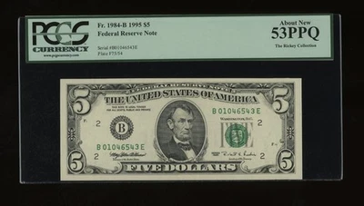 DBR 1995 $5 FRN New York Fr. 1984-B PCGS 53 PPQ Serial B01046543E - Image 1 of 2