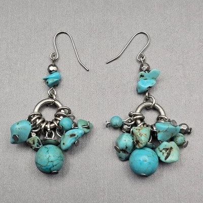 Chunky Dyed Howlite Dangle Earrings 2" Silver Tone Boho Cluster Southwestern - Image 1 of 4