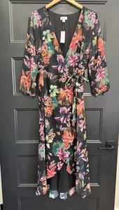 sweet pea by stacy frati Large Black Floral 3/4 Sleeve Wrap Midi Dress NWT - Picture 1 of 9