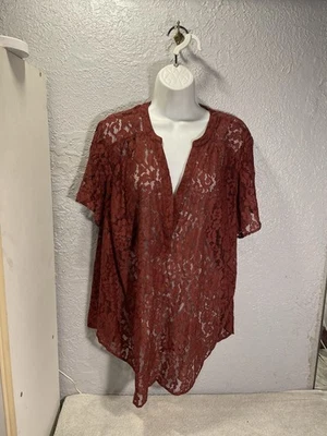 Mujer Plus 2X Marrón Óxido Encaje Superposición Manga Corta Boho Elegante Campesino Casa de Campo Foto 1 de 4