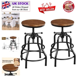 Vintage Adjustable Metal Bar Stools with Round Wooden Seat - Rustic Charm - Picture 1 of 10