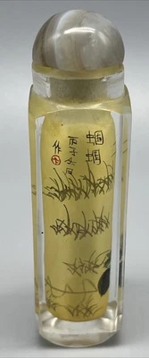 20th Chinese Square Reverse Painted Glass Snuff Bottle W-stone Stop Grasshopper - Image 1 of 4
