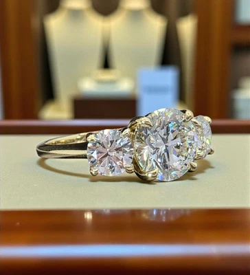 3.00 Ct D VS1 Lab Grown Round Cut Diamond Three Stone Engagement Ring 14k Gold - Image 1 of 4