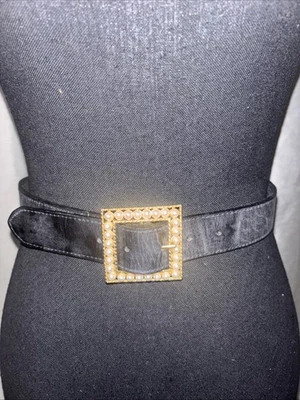 EXPRESS COMPAGNIE INT. Mujer Preppy Core Cuero Negro Perlas Doradas Hebilla Talla S Foto 1 de 4